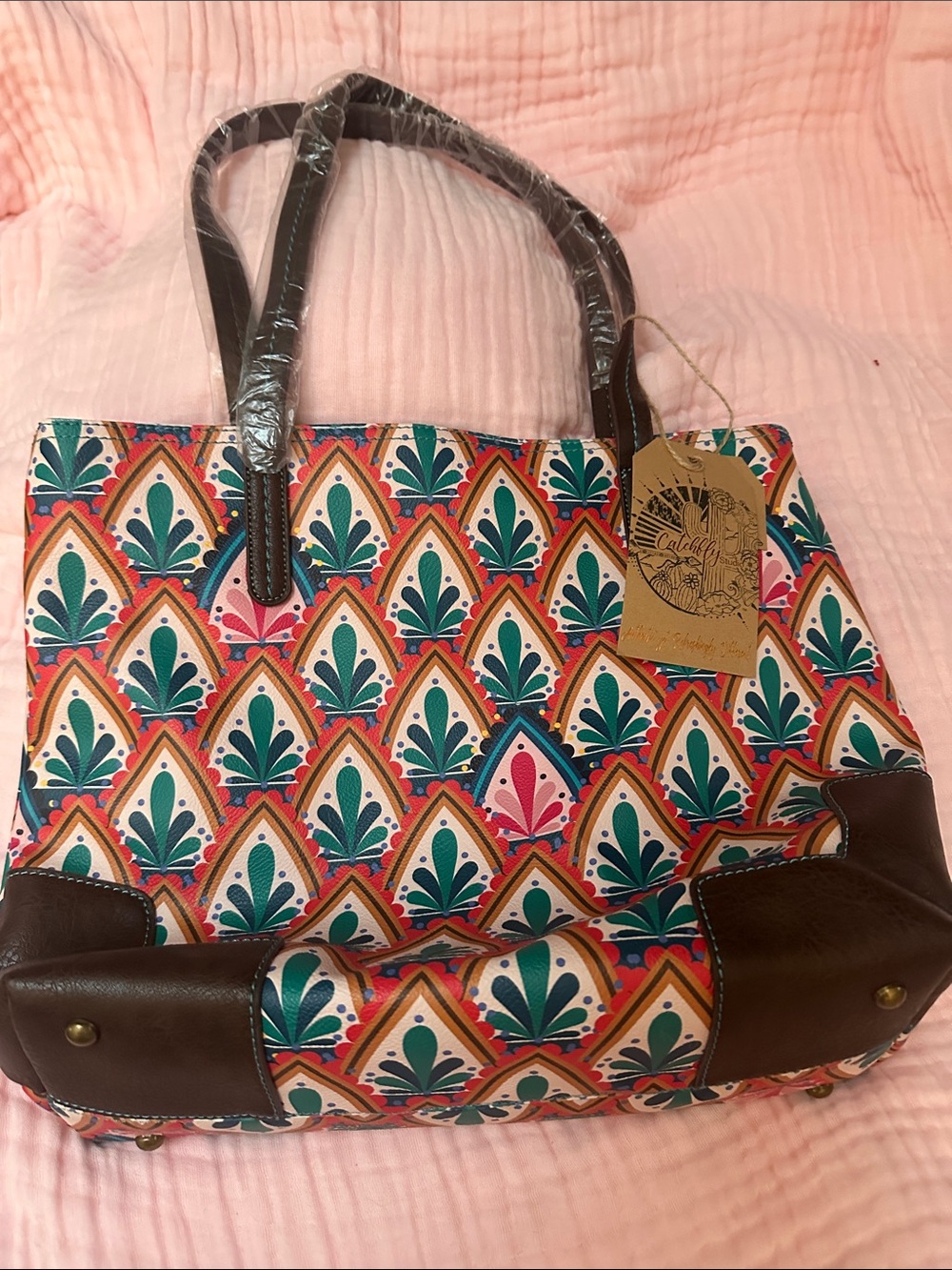 Colorful Geometric Print Tote Bag with Brown Trim New Catchfly Studio
